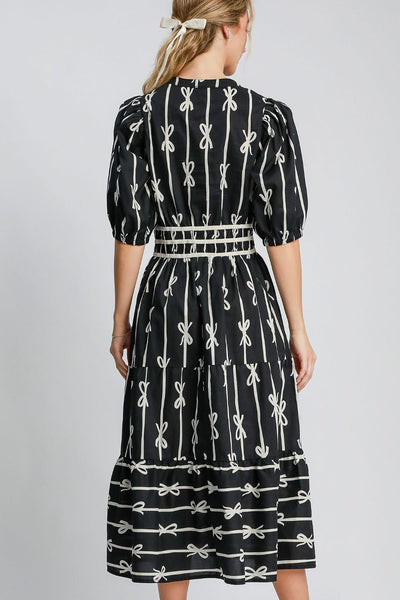 Umgee Bow Tie Print Notched Contrast Velvet Trim Midi Dress