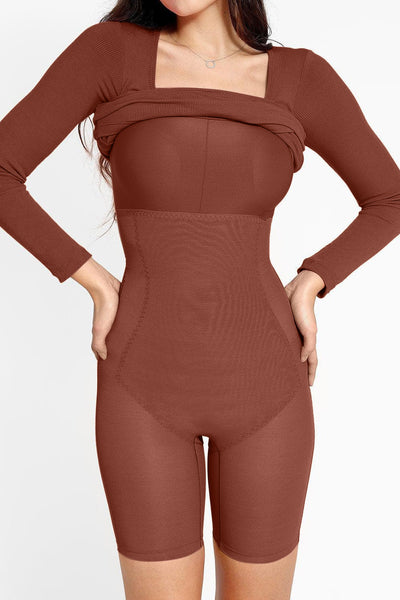 Basic Bae Full Size Built-In Shapewear Square Neck Long Sleeve Dress