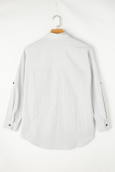 Pocketed Striped Collared Neck Long Sleeve Shirt