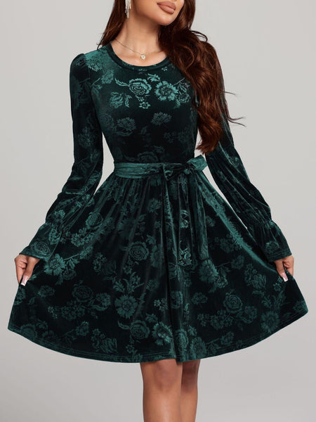 Tied Flower Print Round Neck Flounce Sleeve Dress