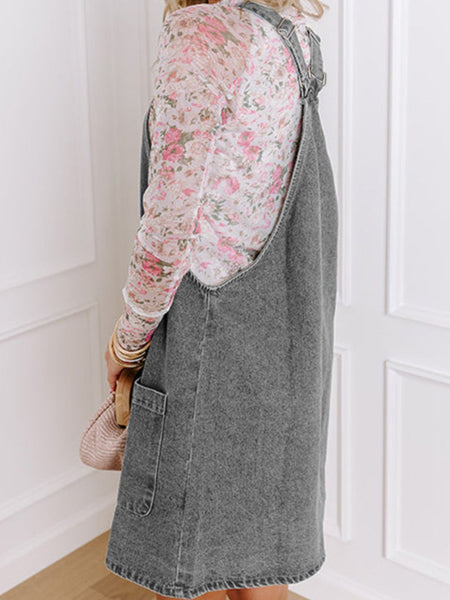 Wide Strap Button Down Denim Overall Dress