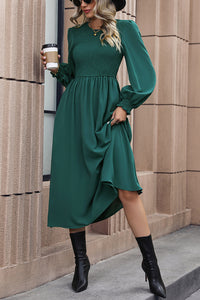 Perfee Smocked Long Sleeve Midi Dress