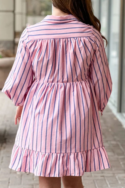 Striped Collared Neck Long Sleeve Mini Shirt Dress