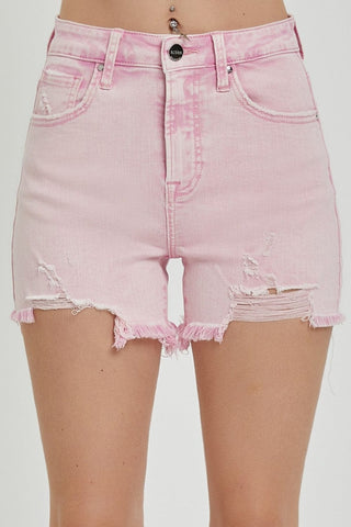 Acid Pink / S RISEN High Rise Distressed Denim Shorts