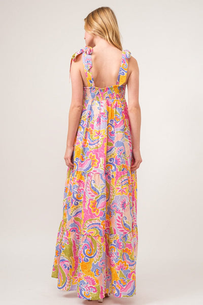 And The Why Full Size Printed Tie Shoulder Tiered Maxi Dress