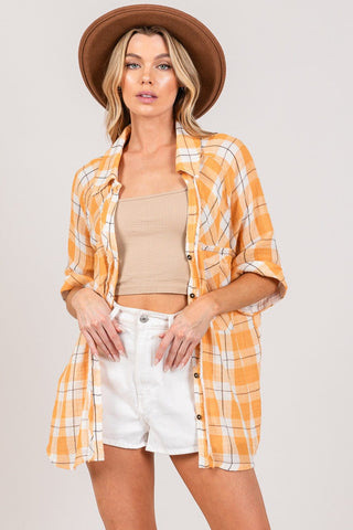APRICOT / S SAGE + FIG Plaid Button Up Side Slit Shirt