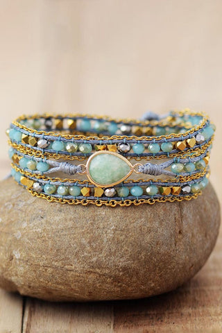 Aqua / One Size Handmade Teardrop Shape Triple Layer Beaded Bracelet