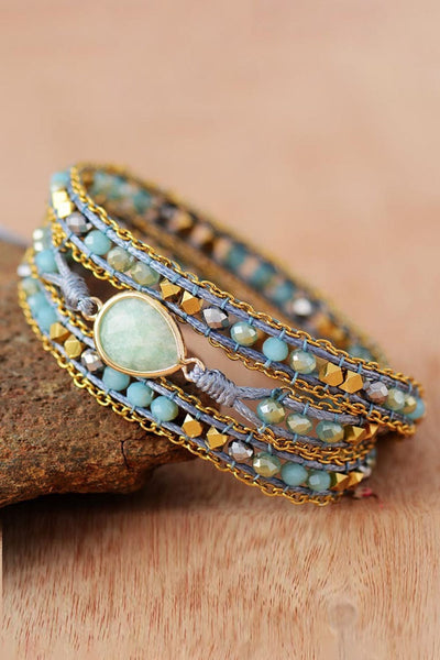 Aqua / One Size Handmade Teardrop Shape Triple Layer Beaded Bracelet