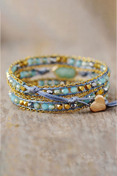 Aqua / One Size Handmade Teardrop Shape Triple Layer Beaded Bracelet