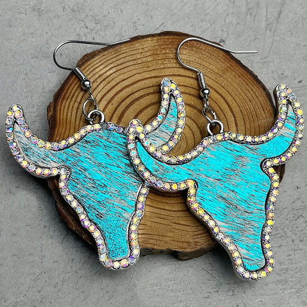 Aqua / One Size Rhinestone Bull Earrings