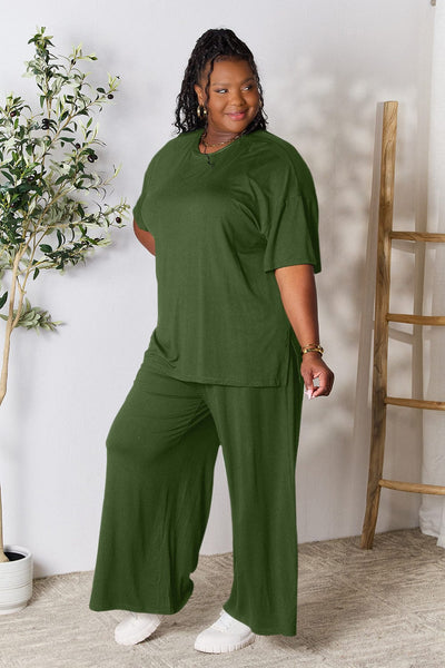 Army Green / S Double Take Full Size Round Neck Slit Top and Pants Set