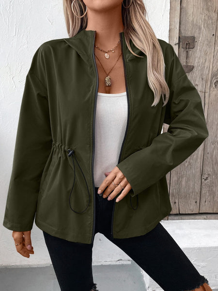 Army Green / S Ivy Lane Drawstring Zip Up Hooded Jacket