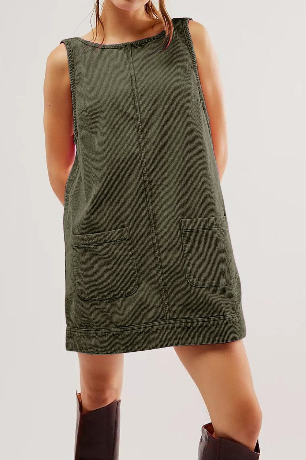 Army Green / S Round Neck Wide Strap Corduroy Mini Dress