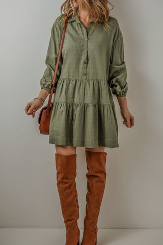 Army Green / S Tiered Collared Neck Balloon Sleeve Shirt Dress