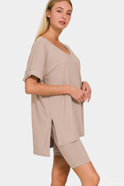 Ash Mocha / S Zenana Full Size V-Neck Short Sleeve Slit T-Shirt and Shorts Set