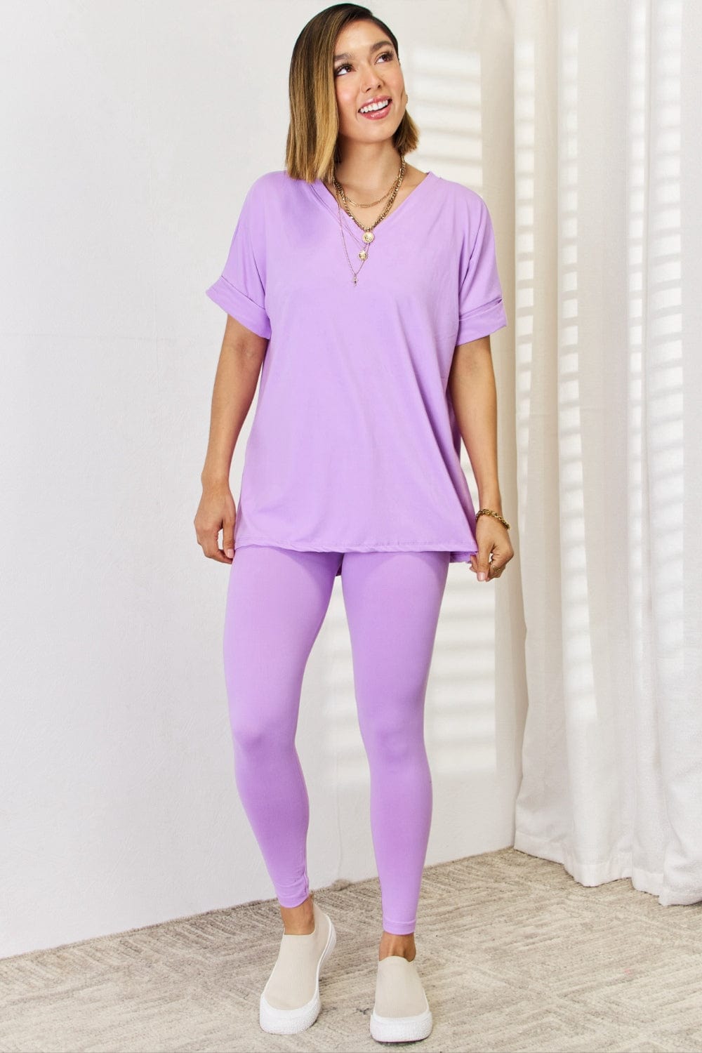 B Lavender / S Zenana V-Neck Rolled Short Sleeve T-Shirt and Leggings Set