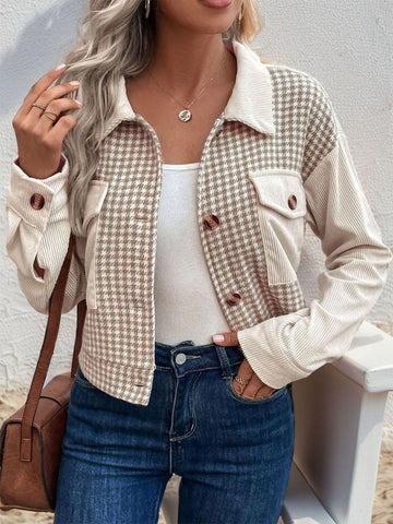 Beige / M Perfee Pocketed Houndstooth Long Sleeve Jacket