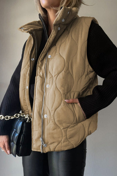 Beige / S Collared Neck Vest with Pockets