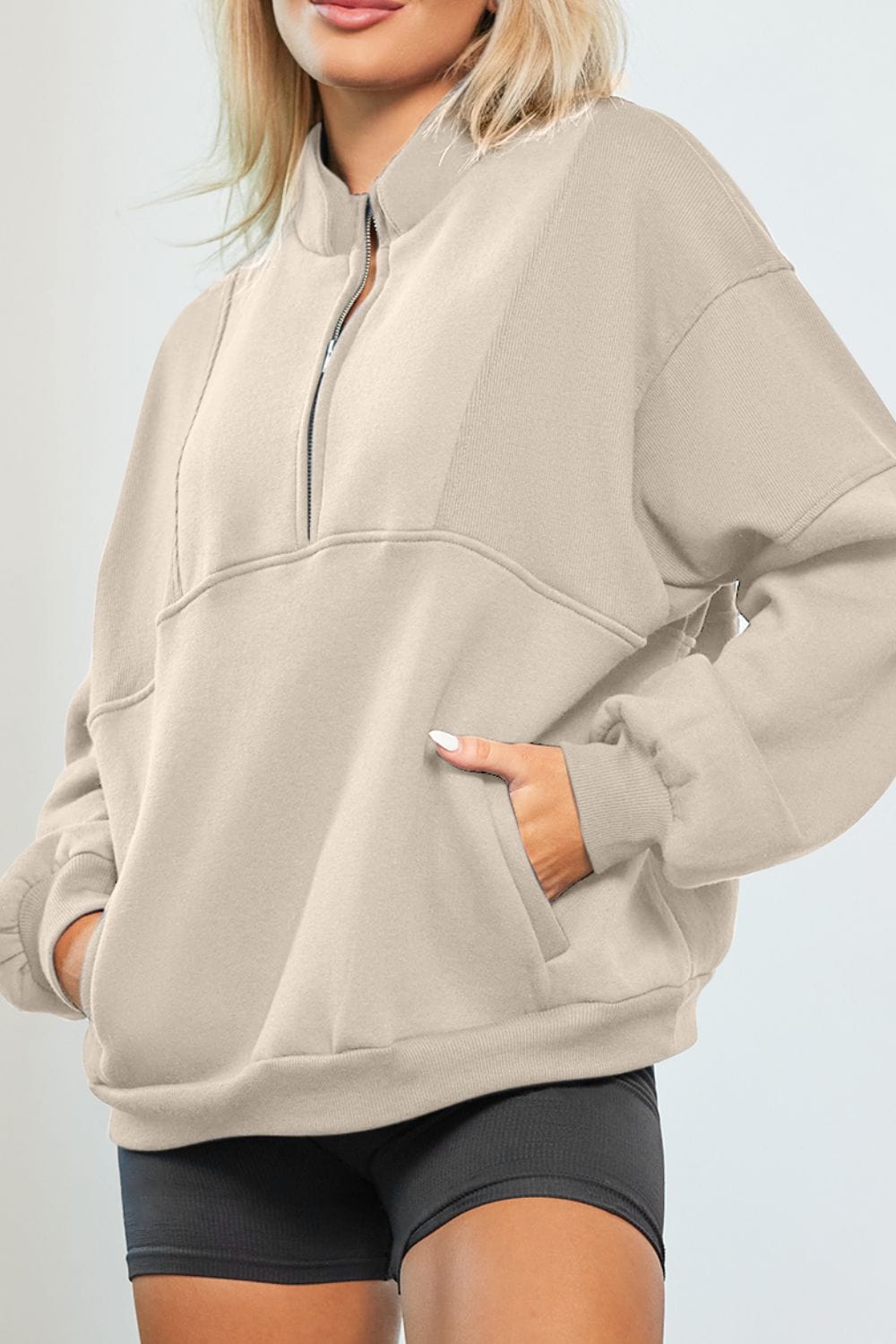 Beige / S Half Zip Drop Shoulder Long Sleeve Sweatshirt