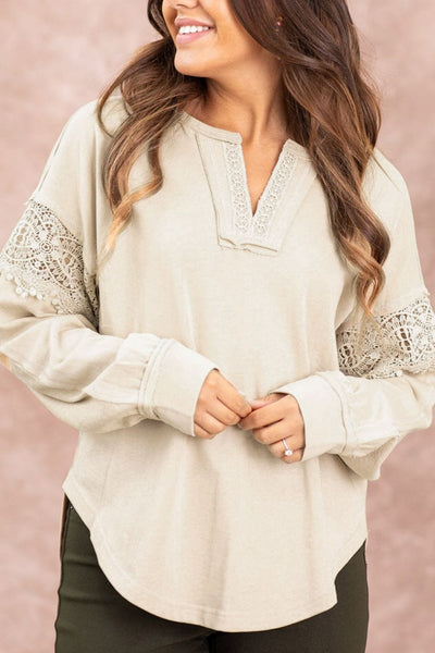 Beige / S Notched Crochet Long Sleeve Sweatshirt