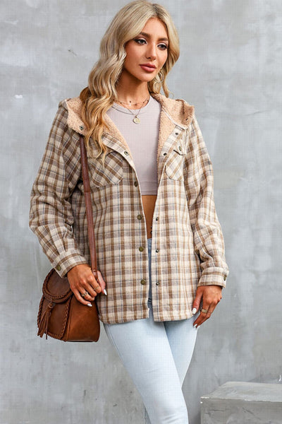 Beige / S Plaid Snap Down Hooded Jacket