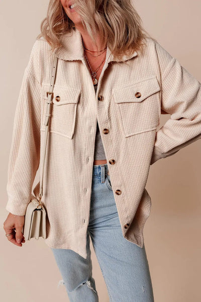 Beige / S Pocketed Button Up Dropped Shoulder Shacket