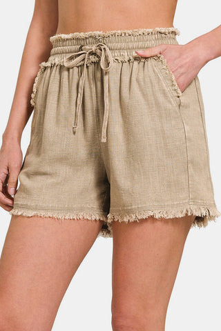 Beige / S Zenana Washed Linen Frayed Hem Drawstring Shorts