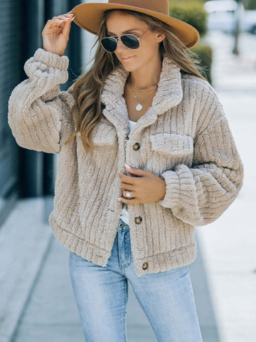 Beige / XS Fuzzy Button Up Collared Neck Jacket