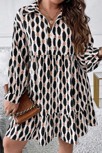 Black / 1XL Plus Size Printed Johnny Collar Long Sleeve Dress