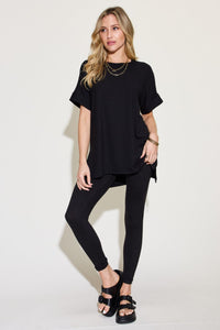 Black / 1XL Zenana Plus Size Short Sleeve Slit T-Shirt and Leggings Lounge Set