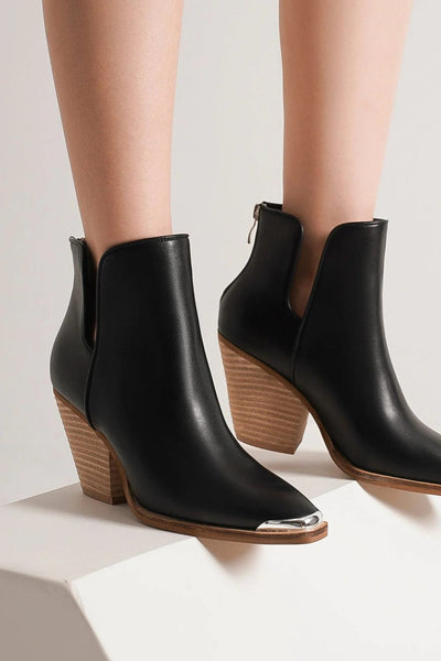 Black / 5.5 Beast Fashion Pointed Metal-Tip Toe Block Heel Ankle Boots