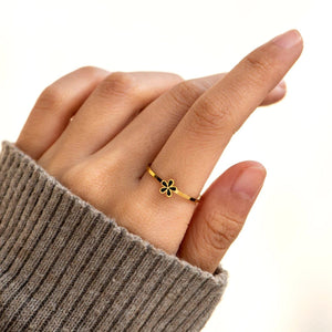 Black / 6 925 Sterling Silver Enamel Flower Ring