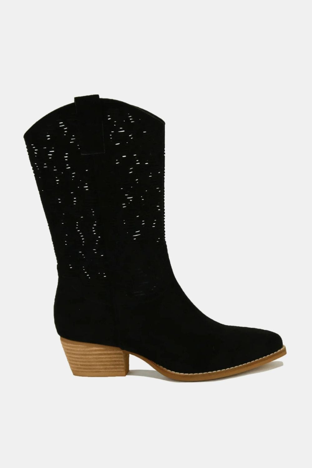 Black / 6 Beast Fashion Faux Suede Laser Cut Detail Block Heel Boots