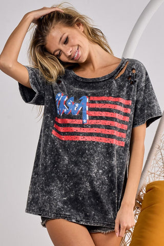 Black Charcoal / S BiBi US Flag Washed Laser Cut T-Shirt