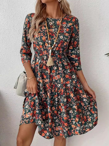 Black Forest / S Frill Floral Round Neck Dress