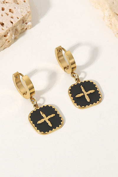 Black/Gold / One Size Plus Sign Square Shape Drop Earrings