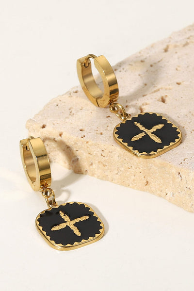 Black/Gold / One Size Plus Sign Square Shape Drop Earrings