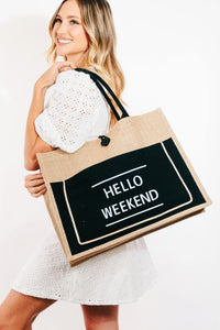 Black / One Size Fame Hello Weekend Burlap Tote Bag