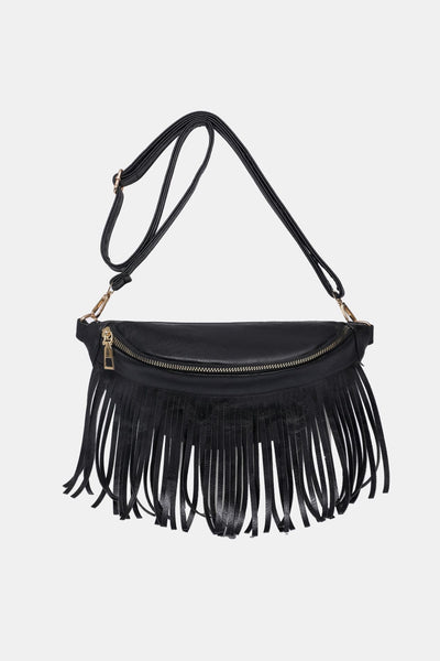 Black / One Size Fringed PU Leather Sling Bag