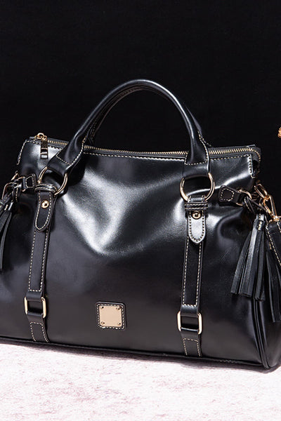 Black / One Size PU Leather Handbag with Tassels