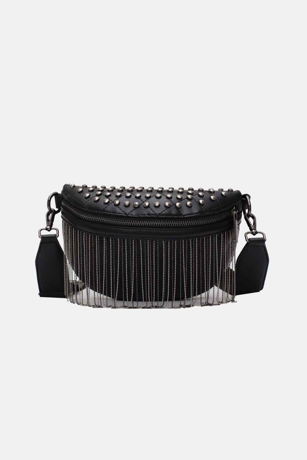 Black / One Size PU Leather Studded Sling Bag with Fringes