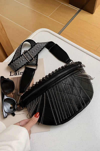 Black / One Size PU Leather Studded Sling Bag with Fringes