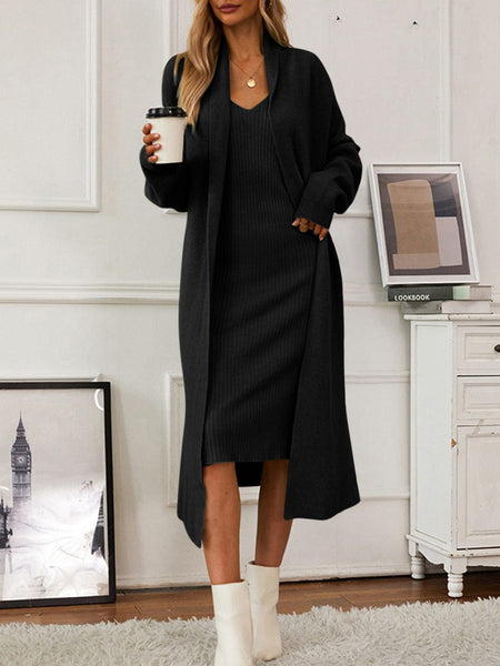 Black / One Size V-Neck Cami Dress and Open Front Cardigan Sweater Set