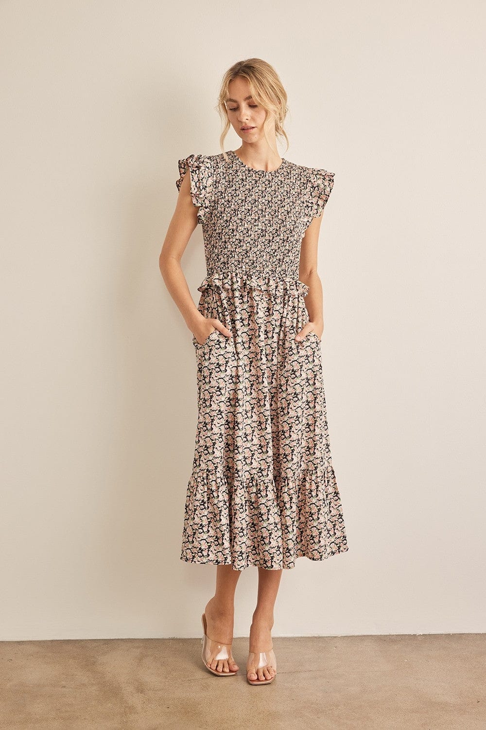 Black/Peach / S In February Floral Smocked Ruffled Midi Dress