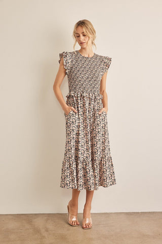 Black/Peach / S In February Floral Smocked Ruffled Midi Dress