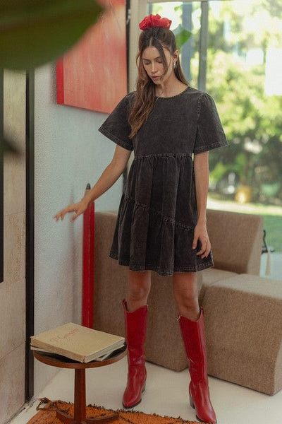 Black / S Annie Wear Mineral Washed Round Neck Short Sleeve Denim Dress