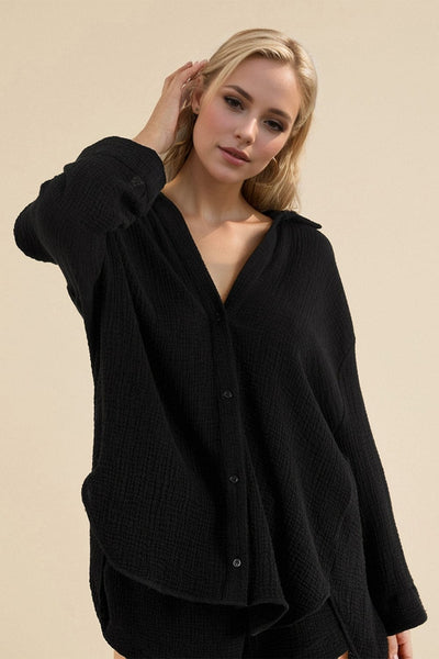 Black / S Basic Bae Breathable Button Down Long Sleeve Top and Shorts Set