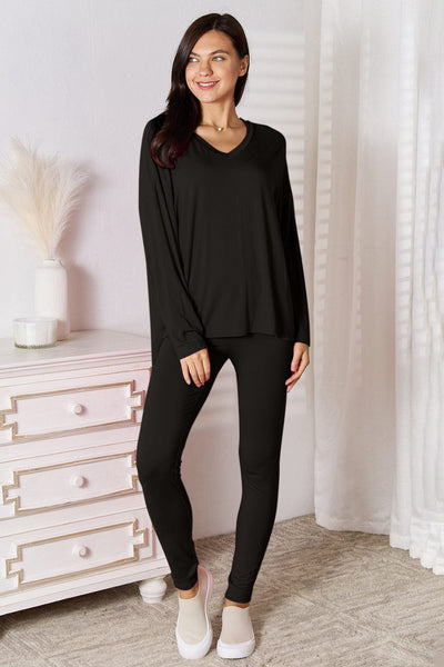 Black / S Basic Bae Full Size V-Neck Soft Rayon Long Sleeve Top and Pants Lounge Set