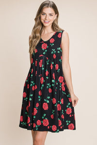 Black / S BOMBOM Floral Ruched Tank Dress