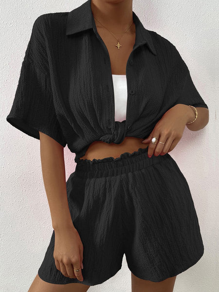 Black / S Button Up Half Sleeve Top and Shorts Set